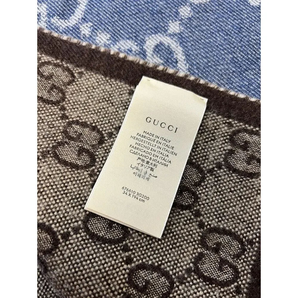 GUCCI Jacquard GG Pattern Reversible Wool Scarf In Blue & Brown Made In Italy